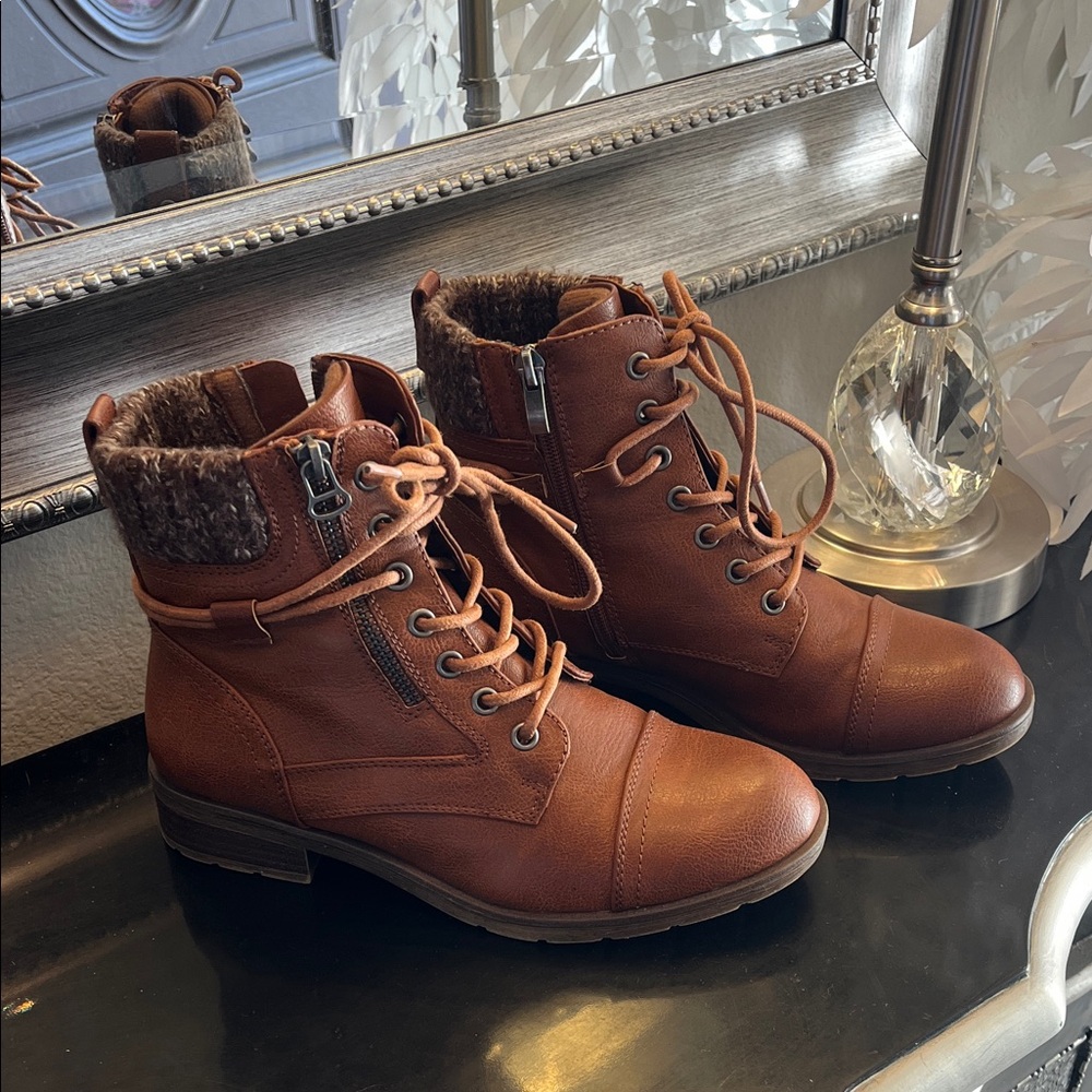 Limelight Chestnut Lace-Up Boots with Fur Trim